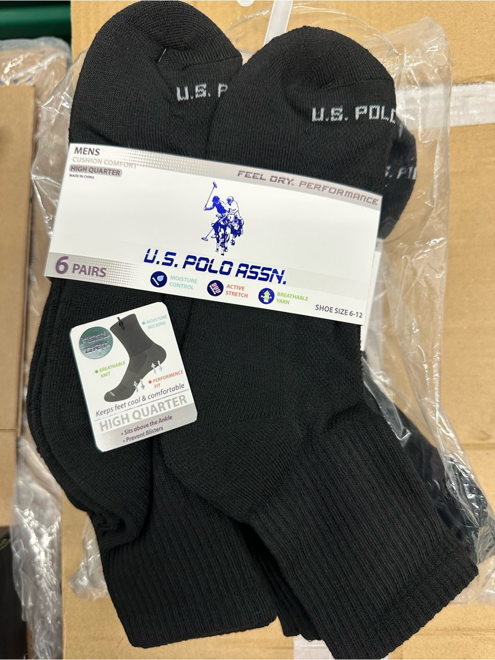 U.S. Polo Assn. Men's High Quarter Athletic Socks - Black (6 Pack)